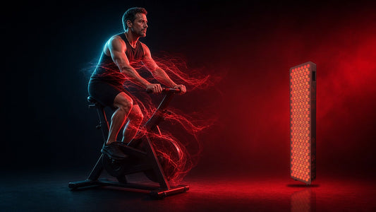 Pessoa a treinar em zona 2 numa bicicleta estática ao lado de um painel de terapia de luz vermelha TheraPRO TheraFactor®