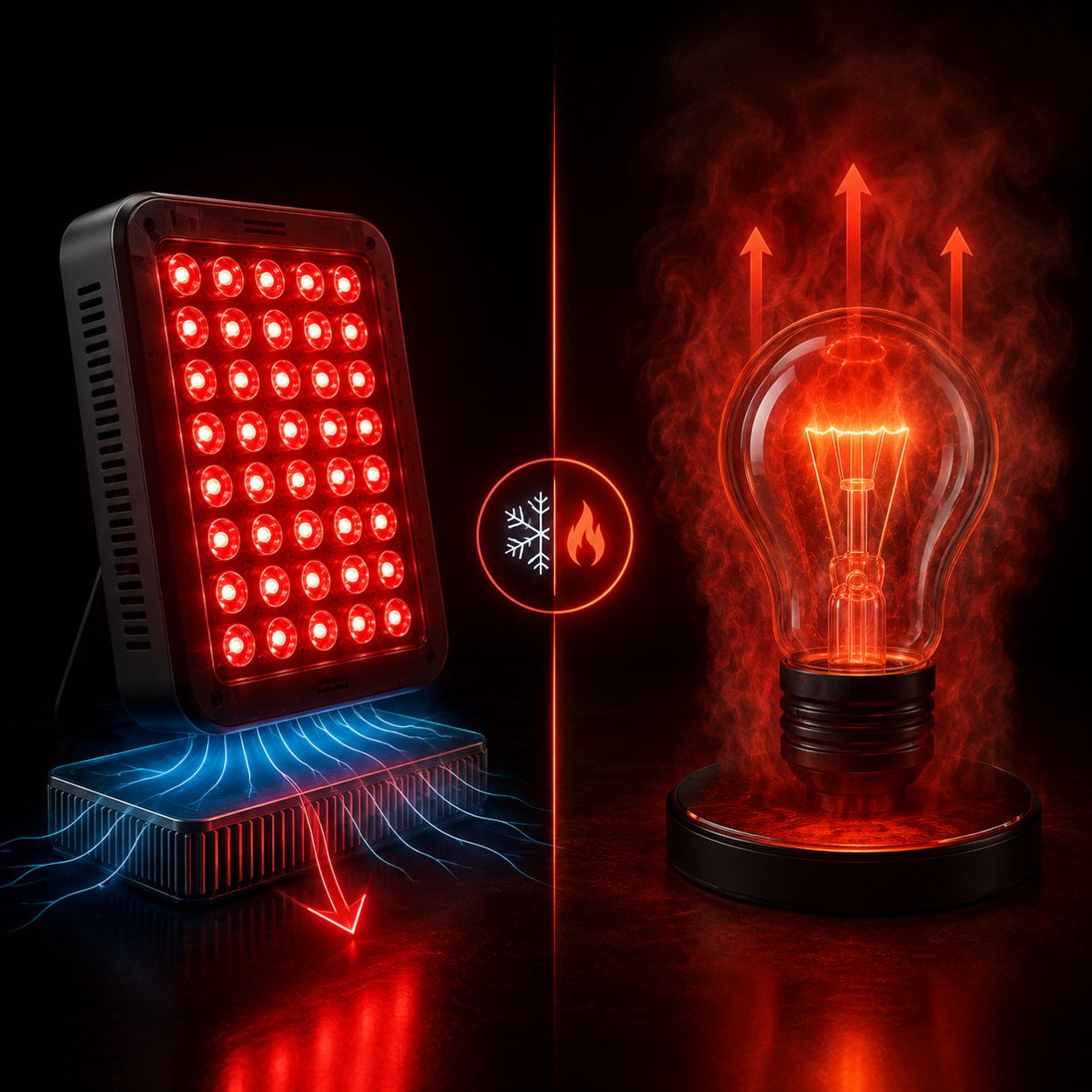 TheraFactor paineis Terapia de Luz Vermelha LED vs Lâmpadas Incandescência Menor Produção de Calor e Maior Eficiência Energética