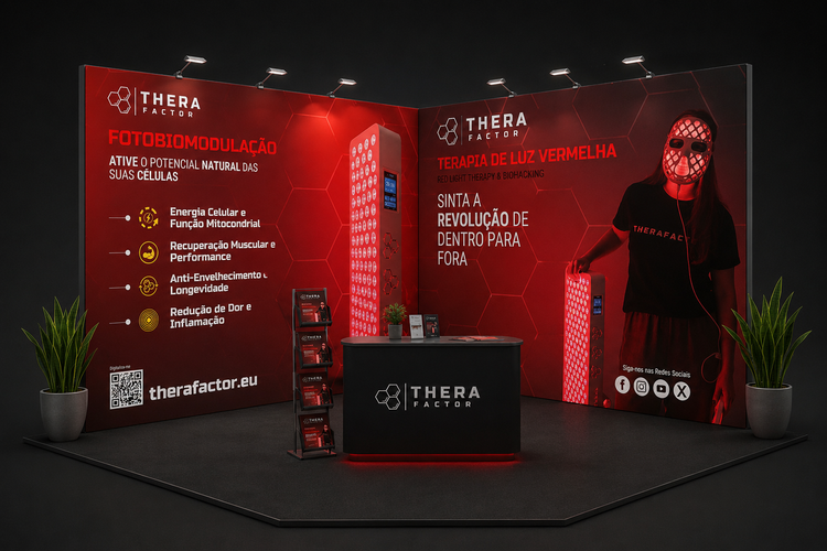 Stand da TheraFactor em eventos, com painéis de luz vermelha e a máscara TheraLUMI FaceMesh