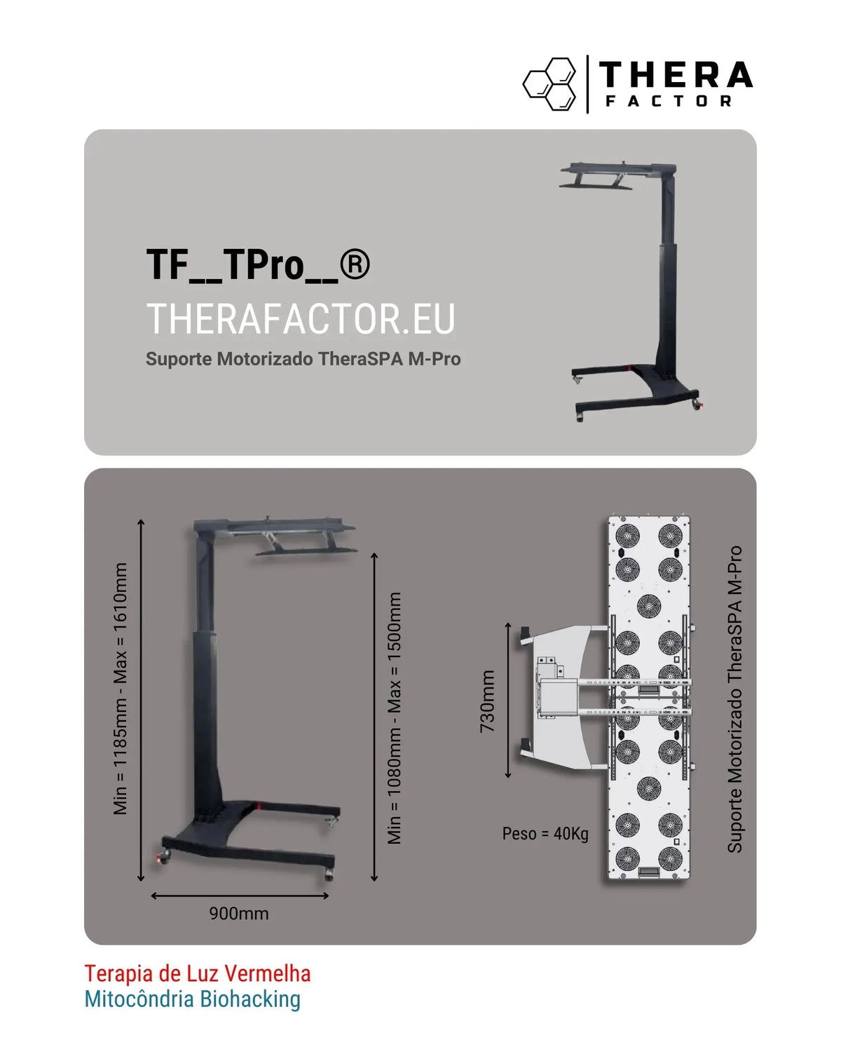 Medidas do suporte motorizado TheraSPA M-Pro: altura de 1185 a 1610 mm, base de 900 mm e 40 kg