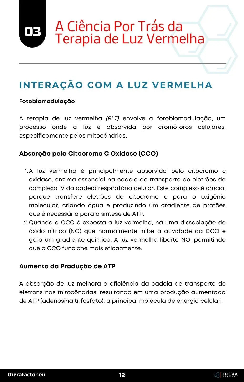 Página do guia sobre a ciência da terapia de luz vermelha: fotobiomodulação, citocromo c oxidase e produção de ATP