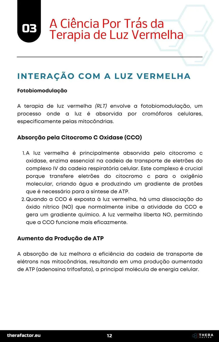 Página do guia sobre a ciência da terapia de luz vermelha: fotobiomodulação, citocromo c oxidase e produção de ATP
