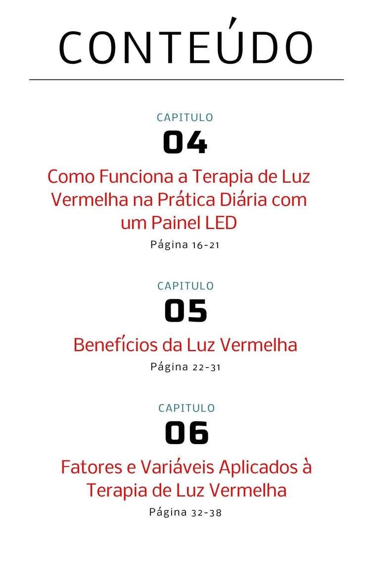 Índice do guia de terapia de luz vermelha, capítulos 4 a 6: prática com painel LED, benefícios e variáveis