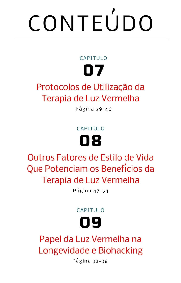 Índice do guia de terapia de luz vermelha, capítulos 7 a 9: protocolos, estilo de vida, longevidade e biohacking